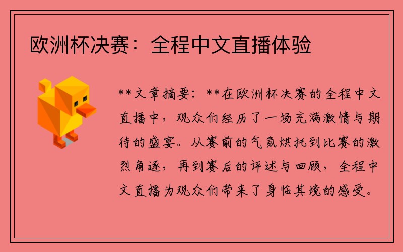 欧洲杯决赛：全程中文直播体验