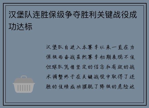 汉堡队连胜保级争夺胜利关键战役成功达标